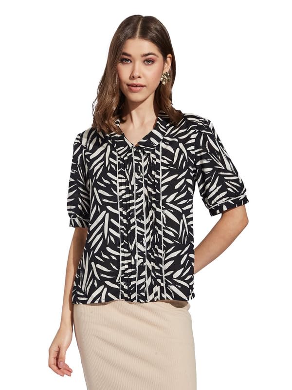 Latin Quarters Women Black Collar Neck Half Sleeve Printed Shirt Blouse_S