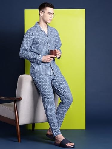 Hancock Men Checked Pure Cotton Night Suit Blue-S