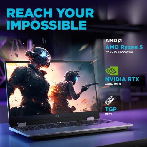 Lenovo LOQ 2024, AMD Ryzen 5 7235HS, NVIDIA RTX 3050-6GB, 12GB RAM, 512GB SSD, FHD IPS 144Hz 300Nits, 15.6"/39.6cm, Windows 11, MS Office 21, Grey, 2.4Kg, 83JC0031IN, 3 Mon. Game Pass Gaming Laptop