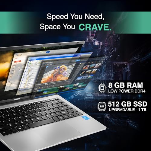ULTIMUS APEX Laptop Intel Celeron Dual Core 8 GB LPDDR4 512 GB SSD Expandable~1TB 14.1 FHD IPS Laptop Anti-Glare Ultra Thin Bezel 180° Hinge 3.0x3 USB HDMI SD Card Slot Win 11 Home 1.25KG Silver