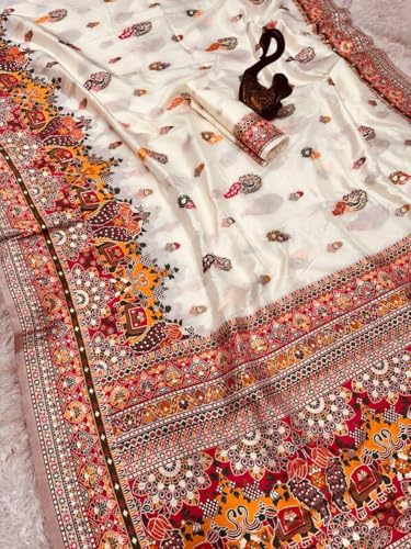 SWORNOF Women's kanjivaram banarasi silk saree for Patola festival Wedding silk with rich pallu Design sarees for women with blouse piece (WHITE2)