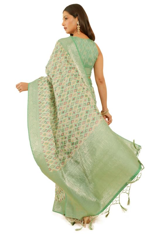 Soch Womens Sap Green Ethnic Motifs Jacquard Chanderi Saree