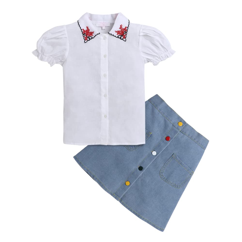 Hopscotch Cotton Girls Floral Embroideshirtskirt Set In White Color For Ages 7-8 Years