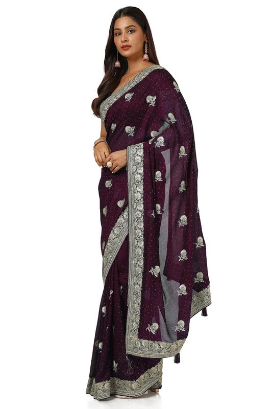 Soch Womens Wine Tussar Embroidered Saree With Stone Work