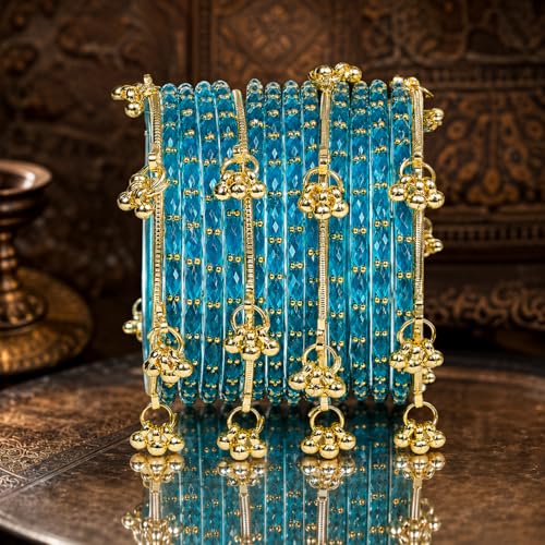 Nakabh Kashmiri Ghangharoo Glass Bangles Set for Women | Light Weight Bangles | Traditional Transparent Fancy Glass Chudi Set for Wedding, Party(Set Of 16) (Firozi, 2.4)