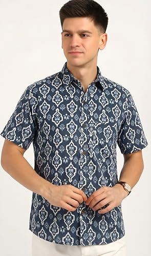 BLOCKS OF INDIA Cotton Hand Block Print Half Sleeves Summer Shirt for Men (Large, Grey JAAL)