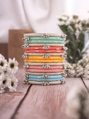Taasha Craft Pastel-Toned Bangle Set with Ghungroo, Inspired from Kashmiri Bangles Soft, Elegant, and Perfect for Everyday (Size: 2.4, 16 Bangles)