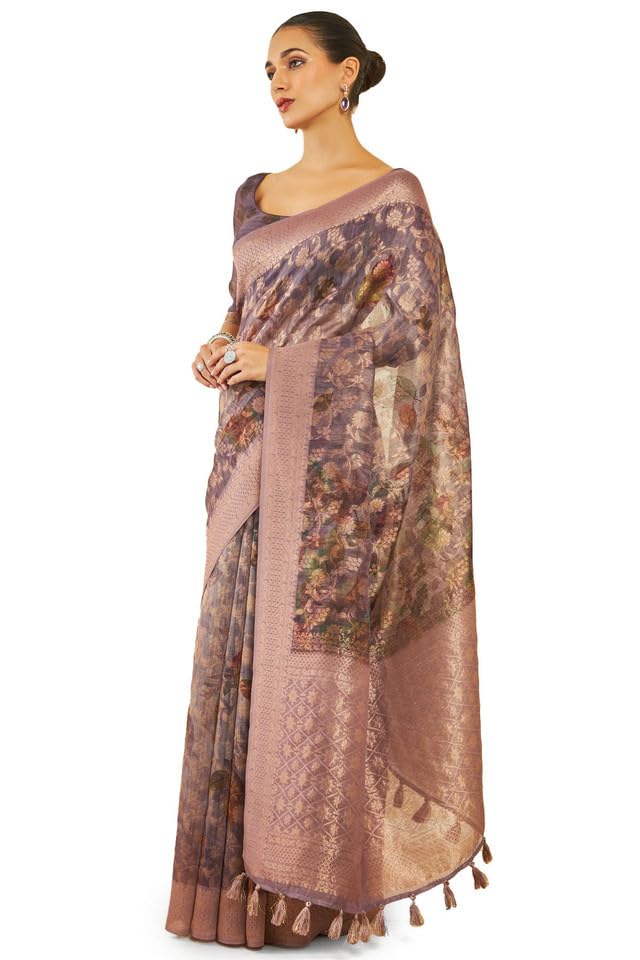 Soch Womens Purple Tussar Silk Saree With Floral Print And Zari Woven Designs