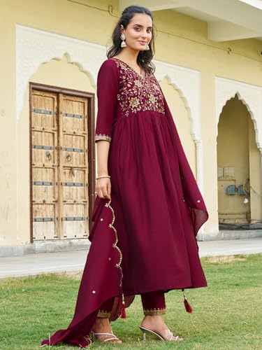 NIVANA Emboidered Flared Kurta with pant & Embroidered Dupatta | M | Maroon | V-neck | 3-Piece Ethnic Set