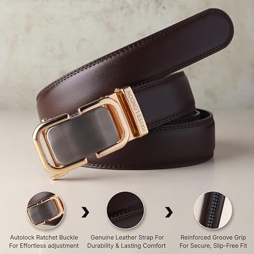 HAYES LONDON Genuine Leather Belt for Men with Auto Lock Ratchet Buckle | No Hole Micro Adjustable Slide Lock Belt | Premium Casual & Office Wear Men’s Belt, (Onesize) Vanguard_Brown_Gold
