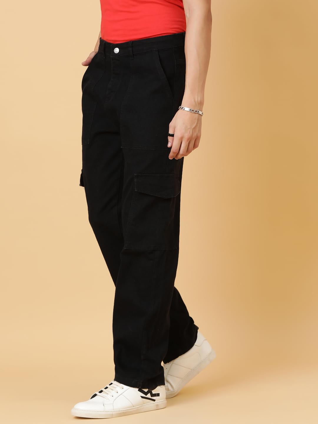 KOTTY Men's Solid Mid Rise Straight Fit Stylish Looking Cargo Jeans(Black,34)