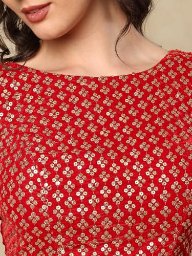 SALWAR STUDIO Red Velvet Sleeveless Readymade Saree Blouse