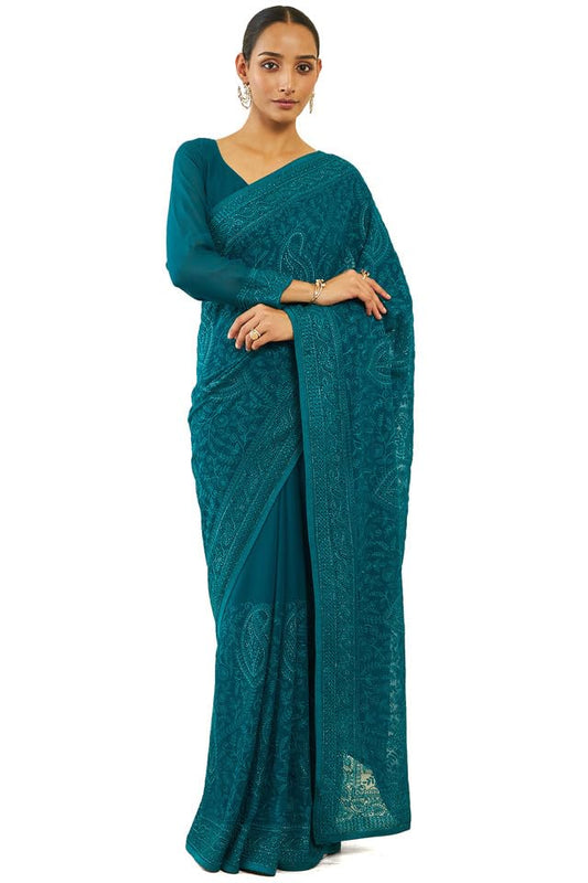 Soch Womens Teal Georgette Saree With Paisley Embroidery And Stone