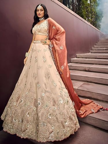 Zeel Clothing Women's Dori, Sequins and Thread Embroidered Work Cosmos Silk Lehenga Choli With Dupatta (6019-Copper-Women-Lehenga-Choli; Free size)