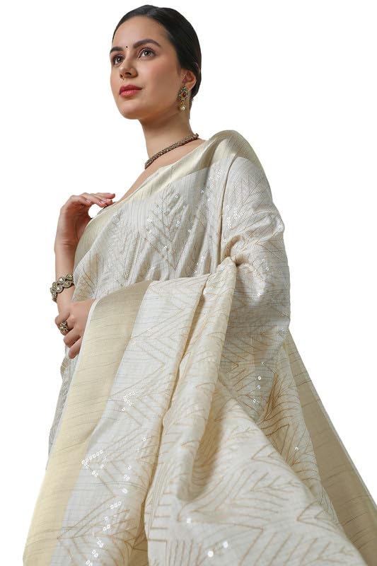 Soch Womens Beige Embroidered Tussar Saree With Sequins