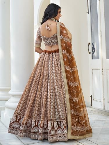 Zeel Clothing Women's Thread Sequins Work Embroidery Net Lehenga Choli with Dupatta (2132-Brown-Wedding-Women-Lehenga-Choli; Free Size)