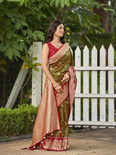 MANOHARI Women's Most Trendy Banarasi Satin Silk Woven Olive Green Animal Design Pattern Pattern Saree With Heavy Jacquard Work Saree With Blouse Piece_MN2037