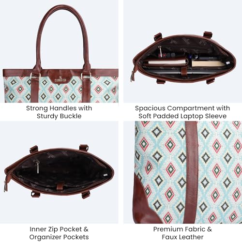 THE CLOWNFISH Miranda Series 15.6 inch Laptop Bag For Women Printed Handicraft Fabric & Faux Leather Office Bag Briefcase Hand Messenger bag Tote Shoulder Bag (Skyblue-Diamond Design)