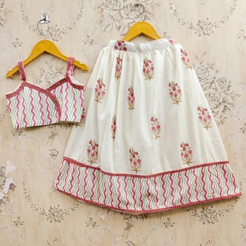 Q-one Store Girls Ethnic Lehenga Choli Set | Printed Rayon Blouse with Lace Border Skirt | Traditional Outfit for Children (2-3 Years)