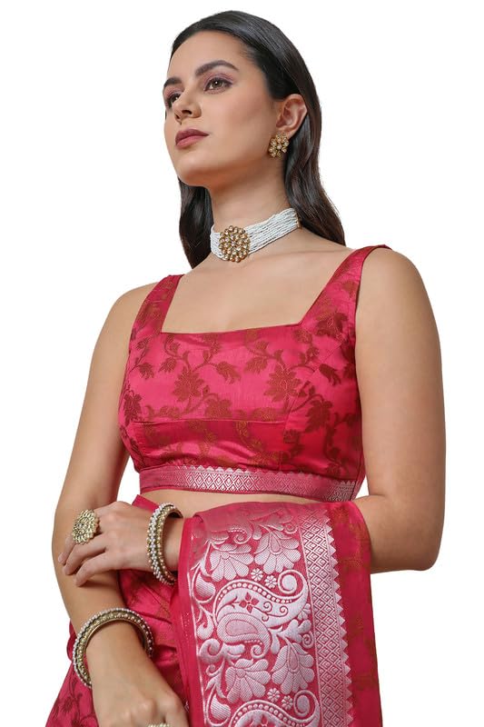 Soch Womens Pink Art Silk Floral Saree with Silver Zari Border