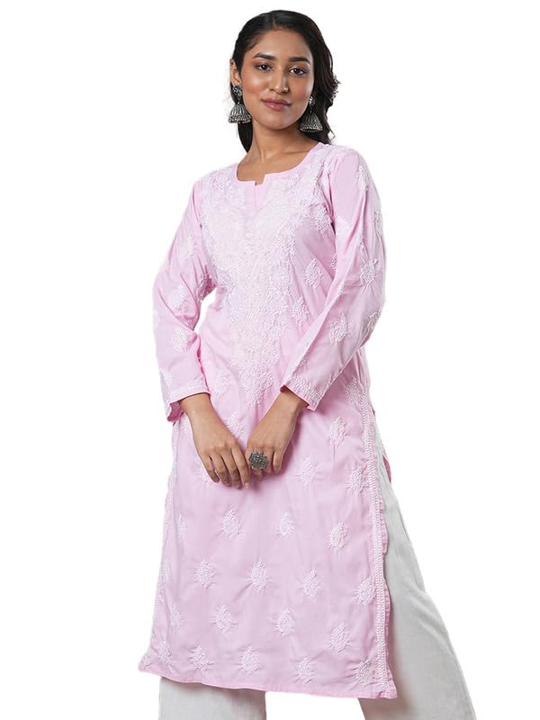 Ada Hand Embroidered Lucknowi Chikankari Cotton Kurta Kurti for Women A411687 Light Pink (4XL)