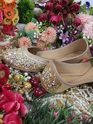 Fulkari Women Miraj Mirror Gold Formal Genuine Soft Leather Jutis | Bite and Pinch Free Juttis | Punjabi Jutti | Girl's Wedding Flat Ladies Mojari Ethnic Juti | 39