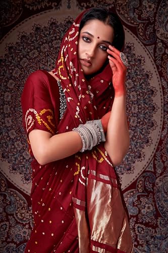 HEMA SILK MILLS Women Refined Mahogany Maroon Gajji Silk Bandhani Saree Gajji Maroon