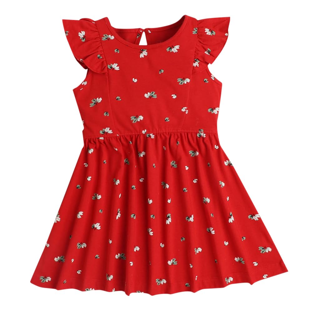 Hopscotch Girls Floral Print Casual Dress In Red Color for Ages 3-4 Years