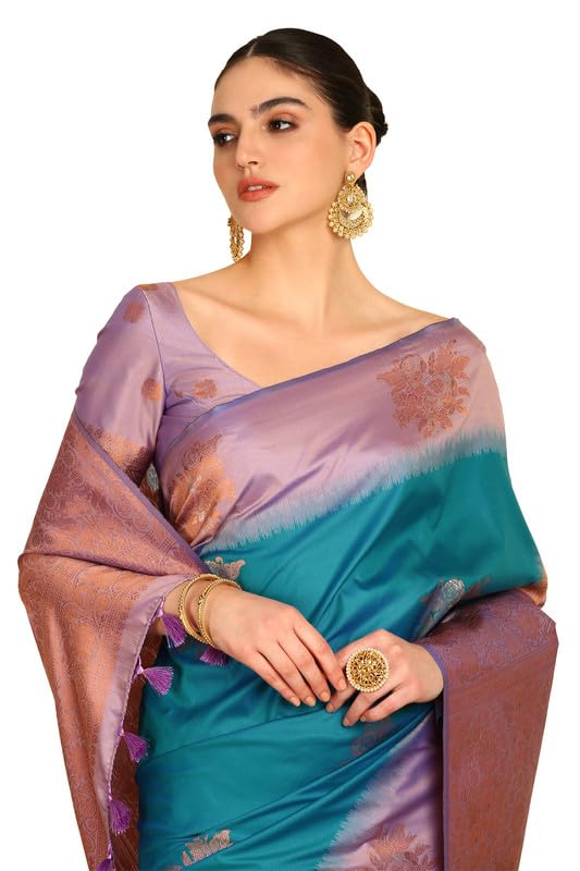Soch Womens Turquoise Blue Floral Zari Woven Design Silk Blend Saree With Tassels