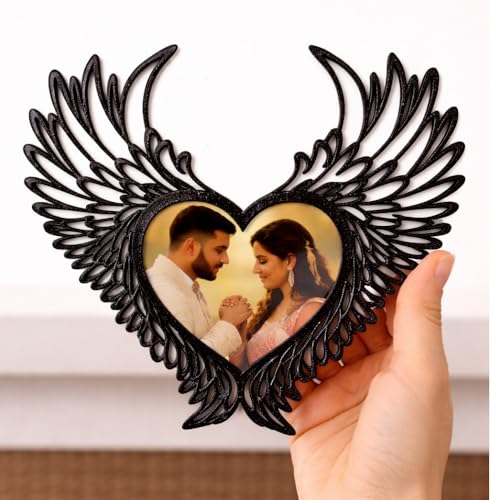 MS Customized Angel Wings Heart Photo Frame, Black, Wall Mount, Romantic wedding Gift for Couples