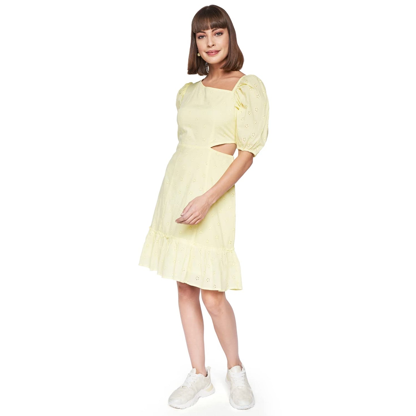 AND Women's Cotton A-Line Mini Dress (SS22AB044DRHB05_Yellow_12)