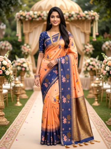 SREE KUMARAN Women's Kanchipuram Kubera Silk Pure Pattu Sarees - Flower Butta With Blouse (VSK396-11)