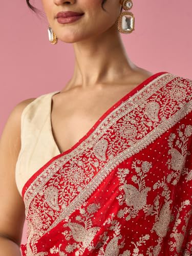 MOHEY Women's Red Organza Saree with Stone Work with Blouse Piece (Red)