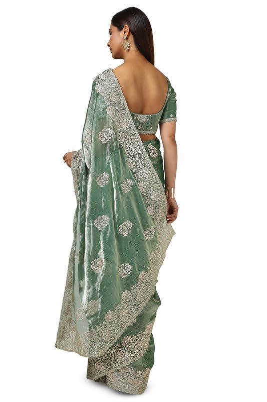 Soch Womens Light Green Organza Embroidered Saree With Stone Work