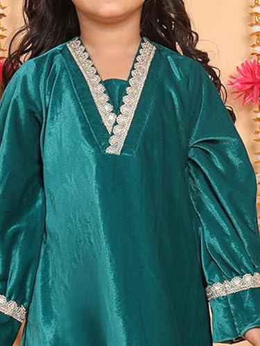 superminis Girls Velvet Lace Work Kurti Duppata and Matching Afgani Ethnic Wear Set (7-8 Years, Green)
