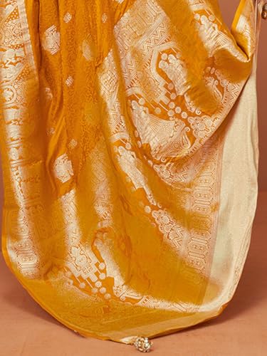 AKHILAM Women's Mustard Satin Silk Woven Design Saree With Unstitched Blouse Piece (RNGREET203_HS)