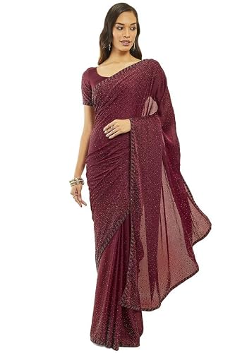 Soch Womens Maroon Crepe All-Over Stone Embellished Saree