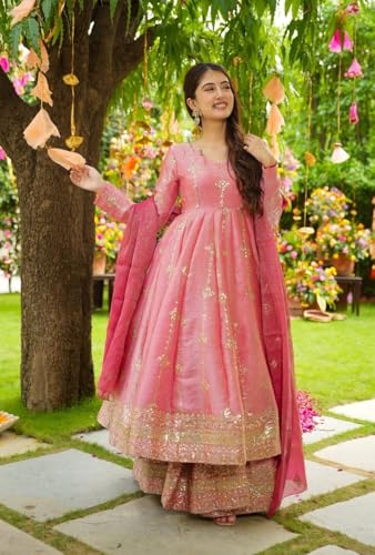 Designer Heavy Crunchy Silk Anarkali Dress for Women | Fully Flared Embroidered Gown with Dupatta | Wedding (in, Alpha, L, Regular, Standard, Peach)