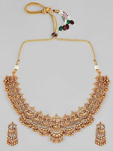 Rubans 24K Gold-Plated Handcrafted Antique Artificial Temple Jewelry Set-Lakshmi Motif And Matching Earrings For Women and Girls – Perfect for Weddings and Special Occasions
