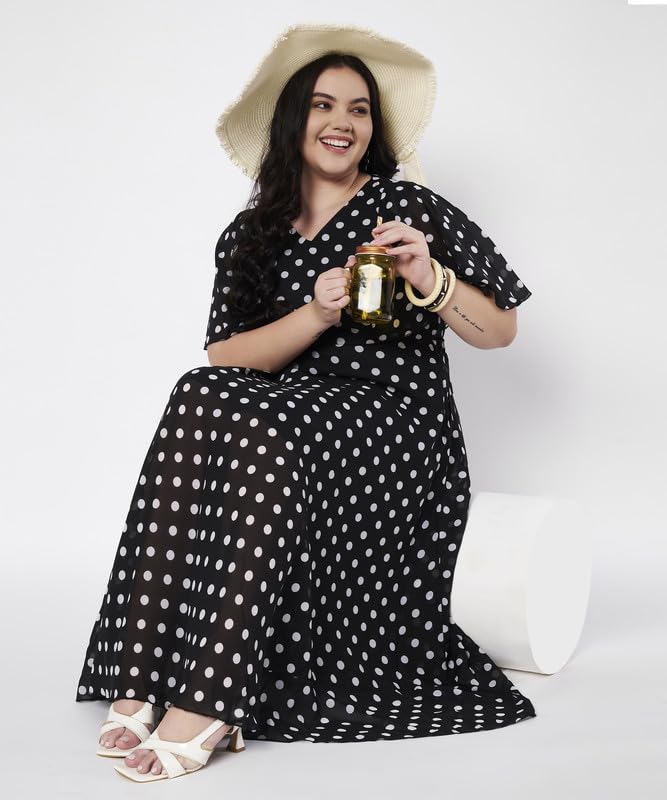 HELLO DESIGN Women Plus Size Fit and Flare V-Neck Polka Dot Maxi Dress (White_3X-Large)