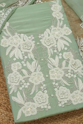 Soch Womens Sap Green Tissue Shimmer Embroidered Unstitch Dress Material