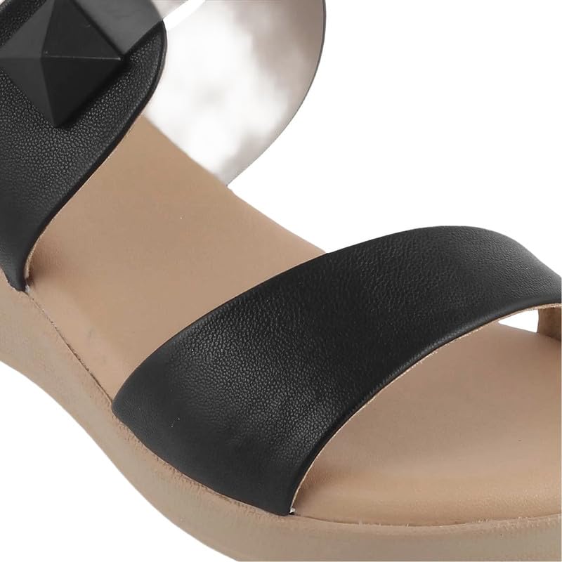 tresmode VIOS Women's Black Vegan Leather Wedge Sandals in Size 8 UK / 41 EU