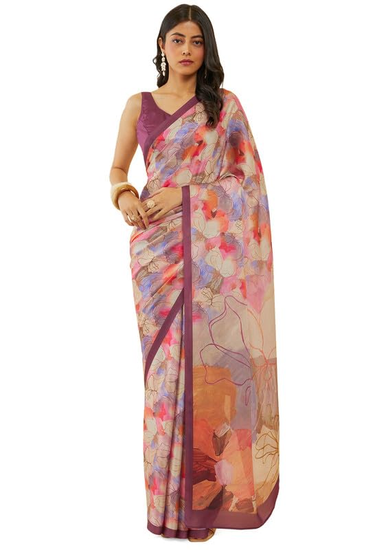 Soch Womens Wine Floral Print Crepe Saree