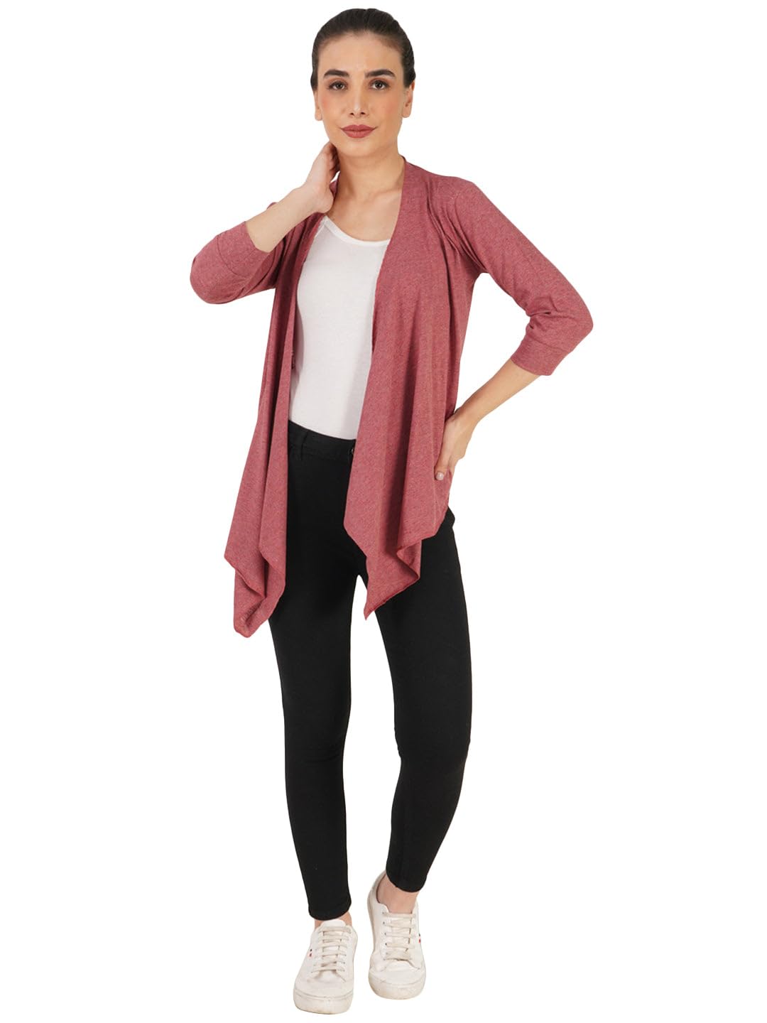 Amazon Brand-Nora Nico Women's Cotton Red Melange Waterfall Shrug, Small