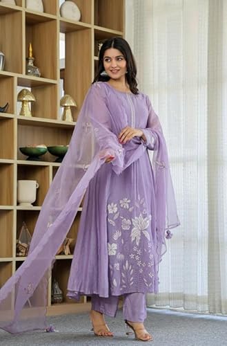AVYUKTHA | Women Floral Embroidered Kurta with Pyjamas & Dupatta | Thread Work Ethnic Kurta Set for Women | Festive & Daily | Purple | Size- XL