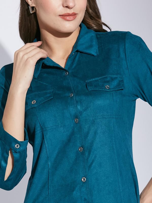 Latin Quarters Women Teal Shirt Collar 3/4 Sleeve Solid Shirt_L