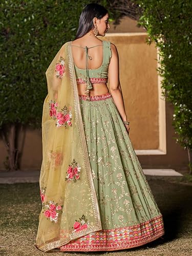 Zeel Clothing Women's Zari Sequins Embroidered Georgette Lehenga Choli With Dupatta (5086-Pista-Wedding-Stylish-New; Free Size)