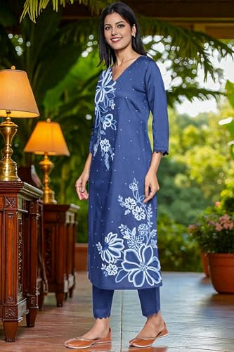 W for Woman Dark Blue Solid Printed A-Line Kurta, Straight Pant and Dupatta Set (Size: M)-WS13002-223894