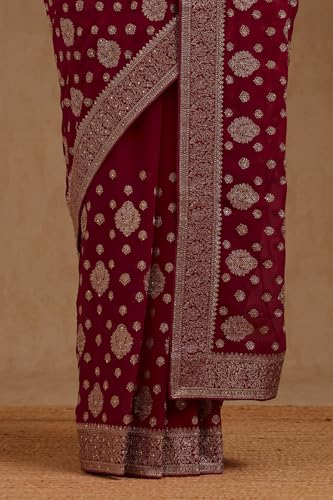 Soch Womens Fuchsia Georgette Embroidered Saree With Stone Work