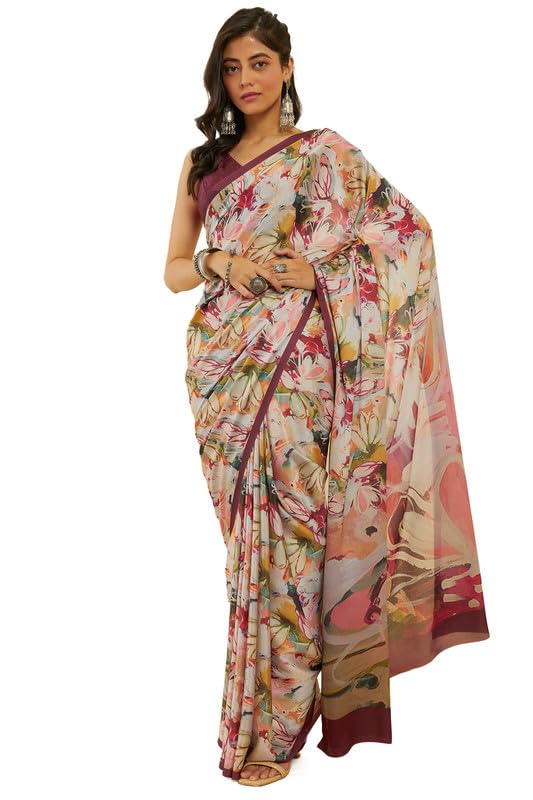 Soch Womens Wine Abstract Print Crepe Saree